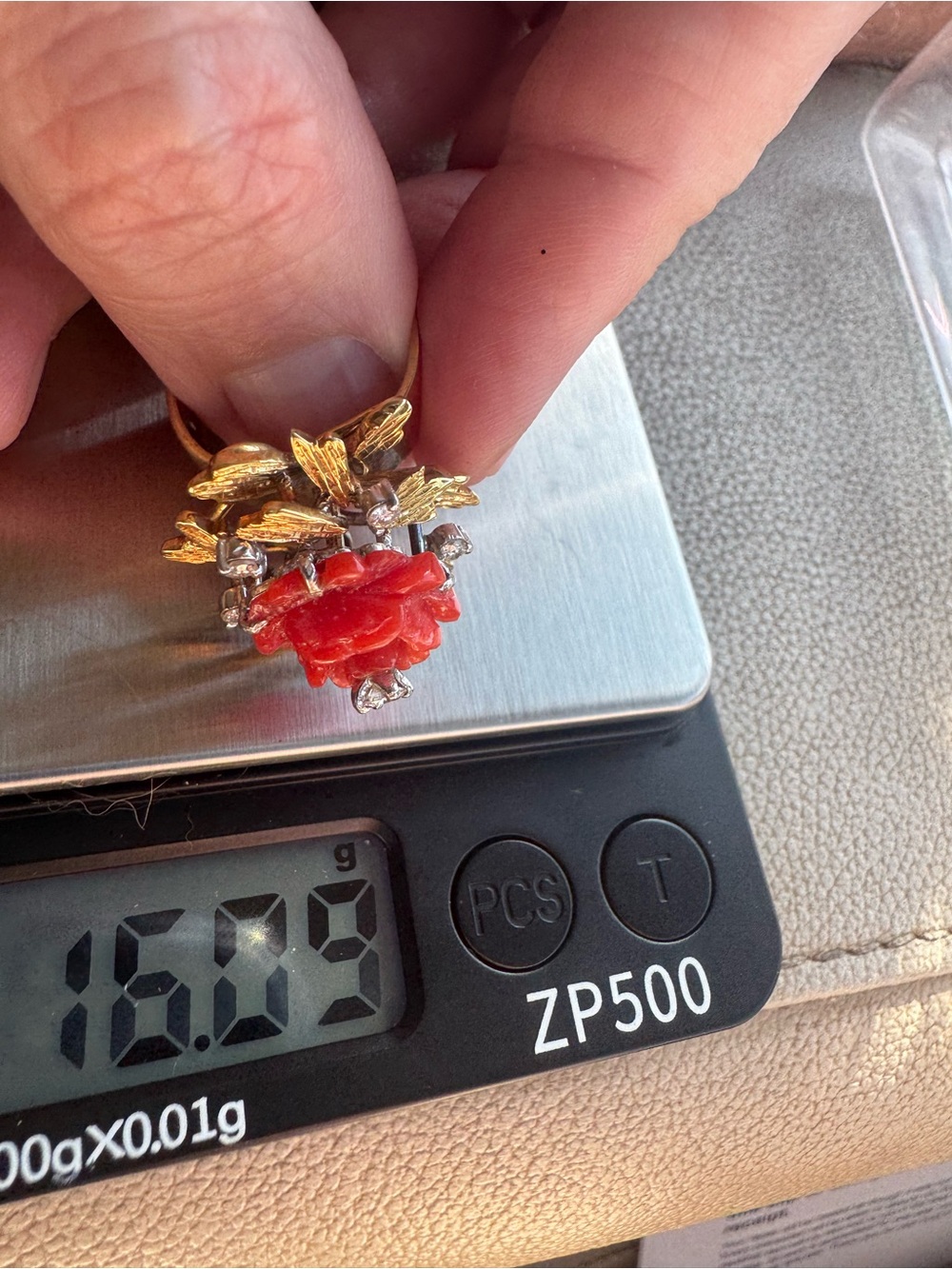 18K Yellow Gold Carved Coral & Diamond Flower Ring - Picture 2 of 8